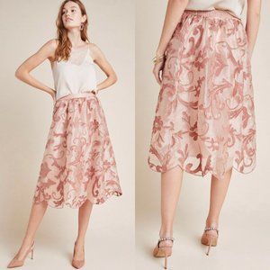 New Anthropologie Maeve Pink Shannon Embroidered Midi Skirt Size M
